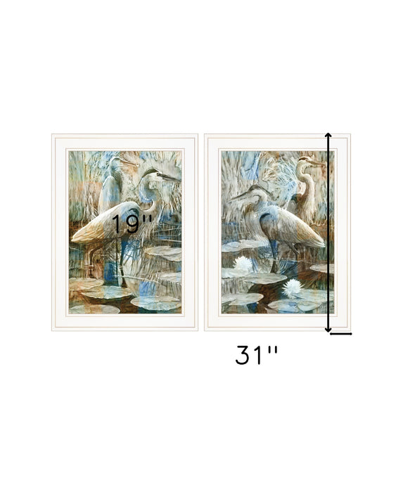 Set Of Two Marsh Herons I and Sea II White Framed Print Wall Art