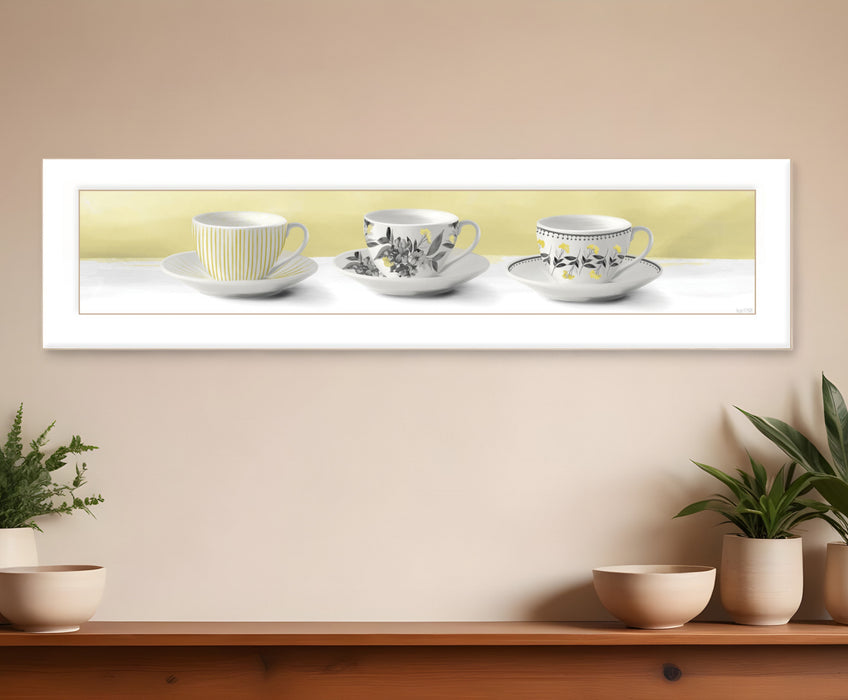 Stack of Tea CupsYellow White Framed Print Kitchen Wall Art