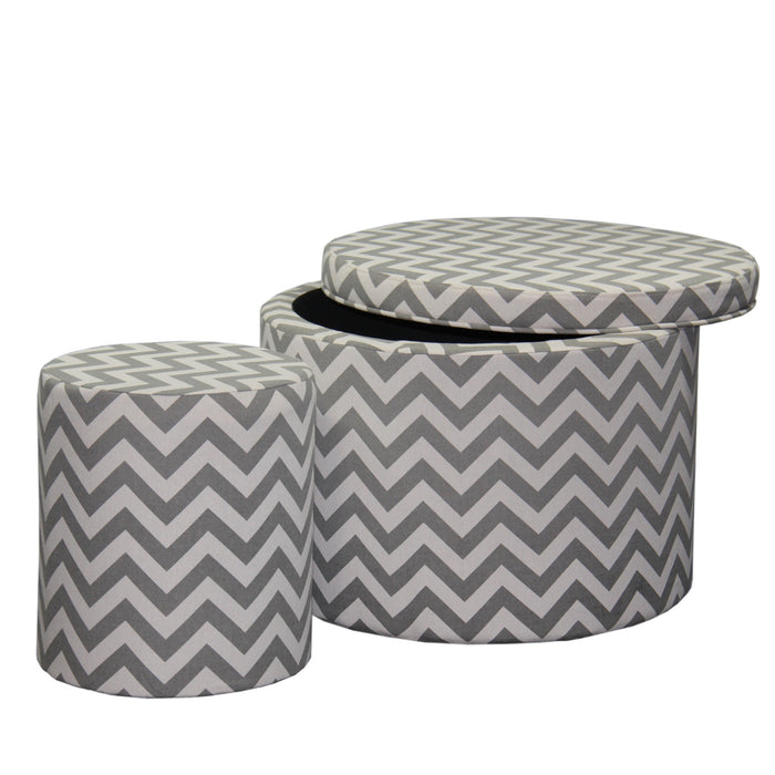 Set of Two Gray and White Polyester Blend Round Geometric Footstool Ottoman