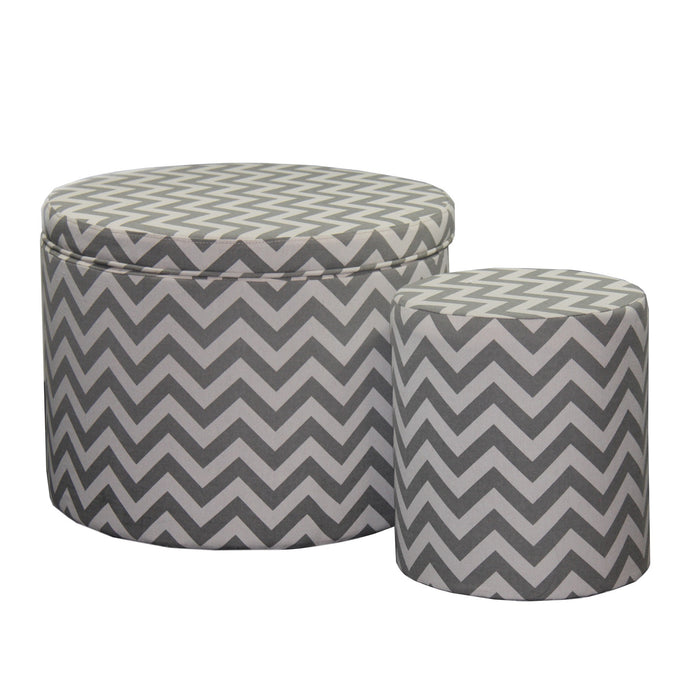 Set of Two Gray and White Polyester Blend Round Geometric Footstool Ottoman