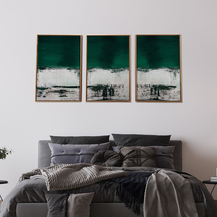 Set Of Three Three Piece Deep Green Black and White Abstract Canvas Wall Art Gold Floater Frame Print Wall Art