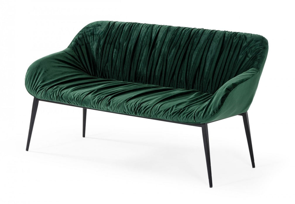 56" Green and Black Velvet Upholstered Dining Bench