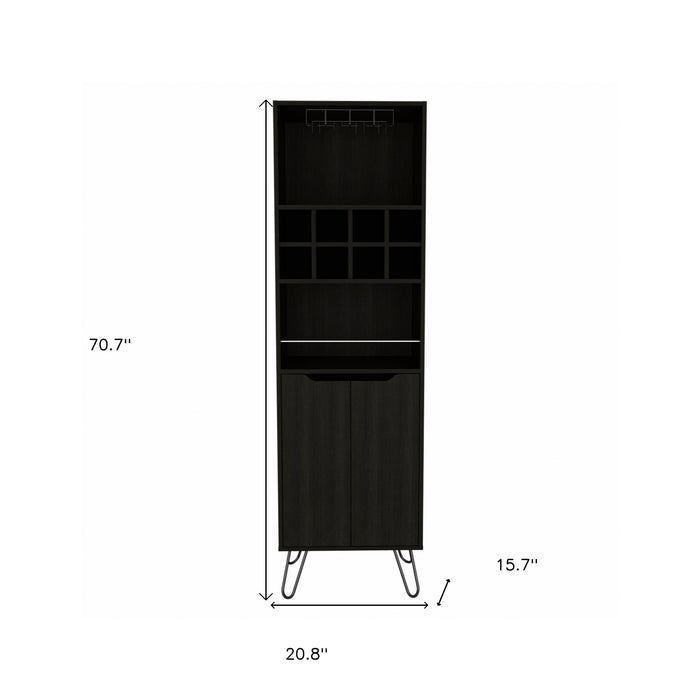 71" Black Tall Bar Cabinet with Two Door Panels and Top Wine Glass Rack