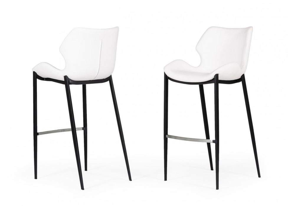 Set of Two 30" White and Black Faux Leather and Steel Low Back Bar Height Bar Chairs