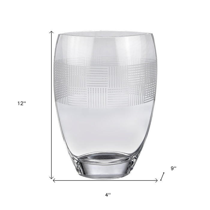 12" Clear With Geometric Pattern Oval Crystal Table Vase