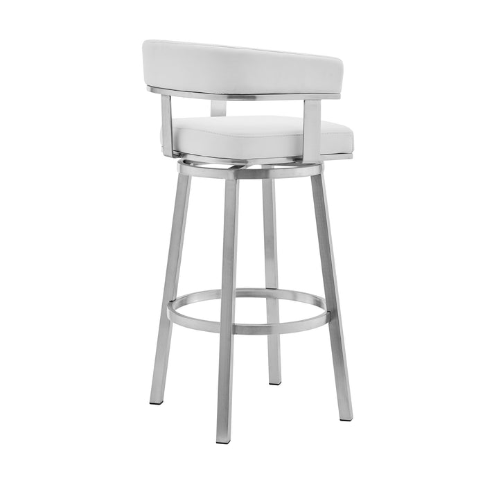 26" White And Silver Faux Leather And Stainless Steel Low Back Counter Height Swivel Bar Chair