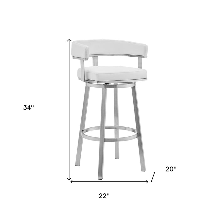 26" White And Silver Faux Leather And Stainless Steel Low Back Counter Height Swivel Bar Chair