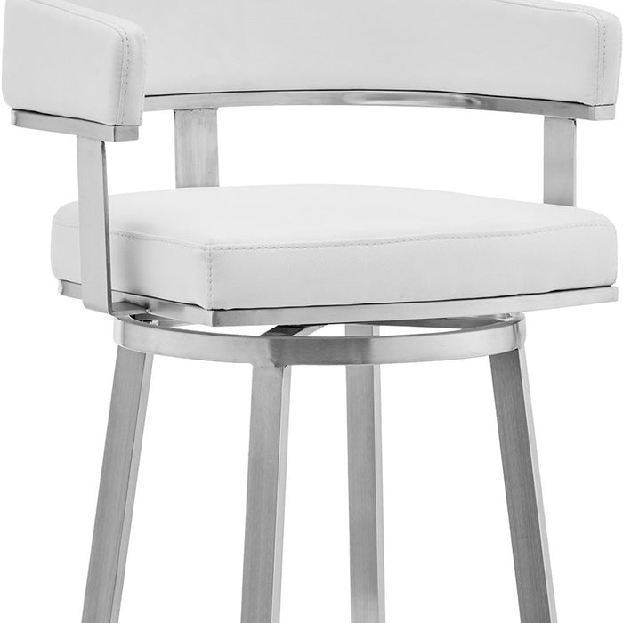 26" White And Silver Faux Leather And Stainless Steel Low Back Counter Height Swivel Bar Chair