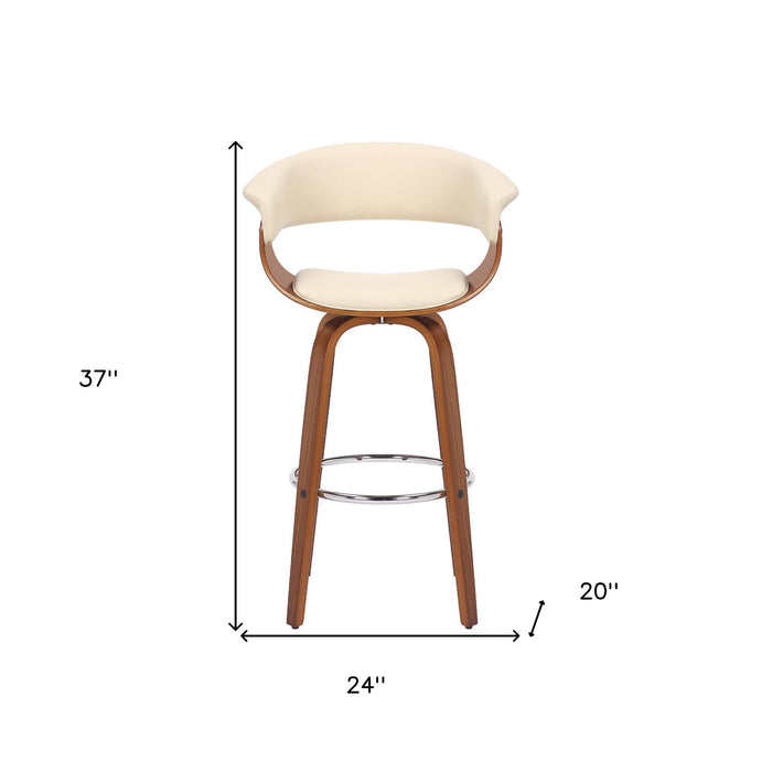 27" Cream And Brown Solid Wood Swivel Low Back Counter Height Bar Chair