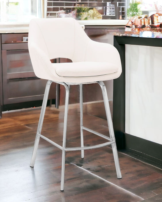 26" White And Silver Iron Swivel Low Back Counter Height Bar Chair