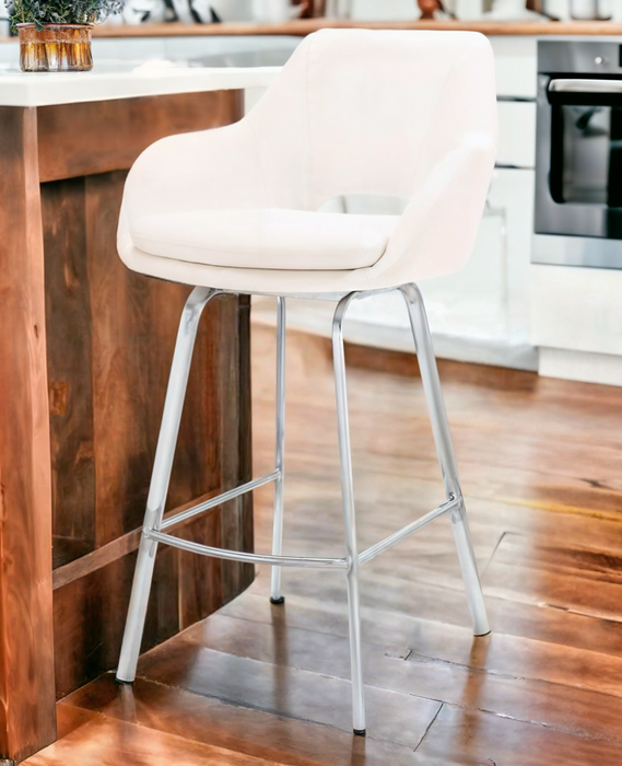 30" White And Silver Iron Swivel Low Back Bar Height Bar Chair