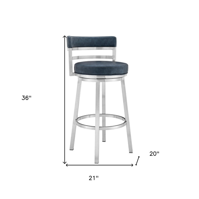 26" Blue and Silver Faux Leather and Stainless Steel Low Back Counter Height Swivel Bar Chair