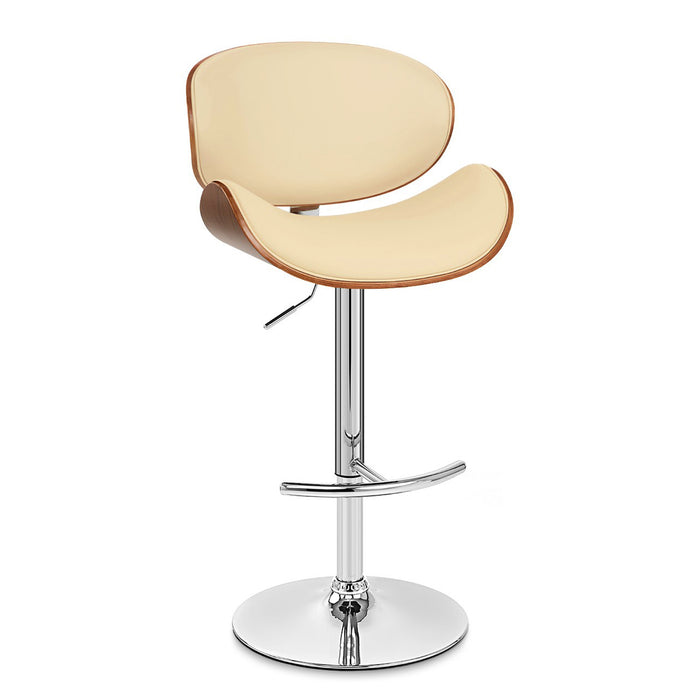 25" Cream and Silver Faux Leather and Solid Wood Low Back Adjustable Height Swivel Bar Chair