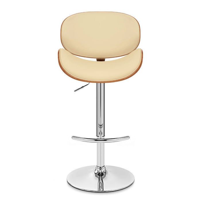 25" Cream and Silver Faux Leather and Solid Wood Low Back Adjustable Height Swivel Bar Chair