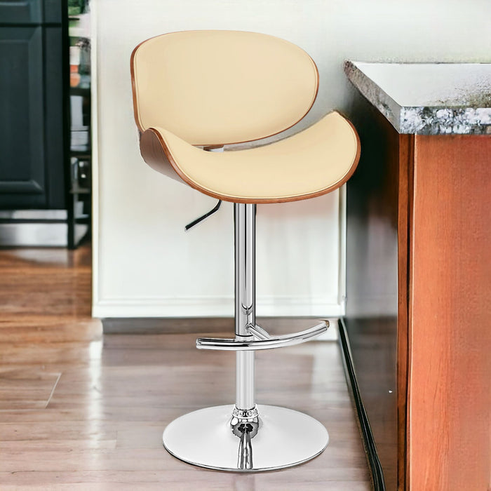 25" Cream and Silver Faux Leather and Solid Wood Low Back Adjustable Height Swivel Bar Chair