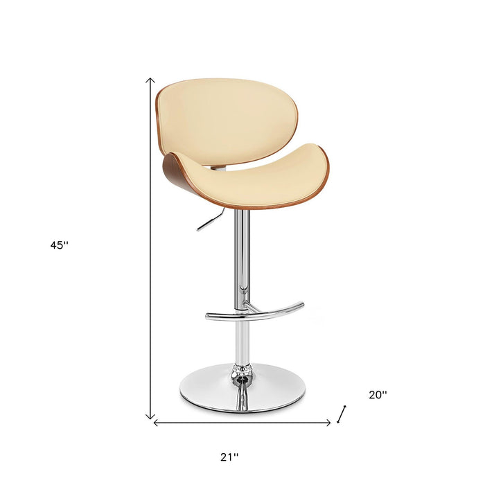 25" Cream and Silver Faux Leather and Solid Wood Low Back Adjustable Height Swivel Bar Chair