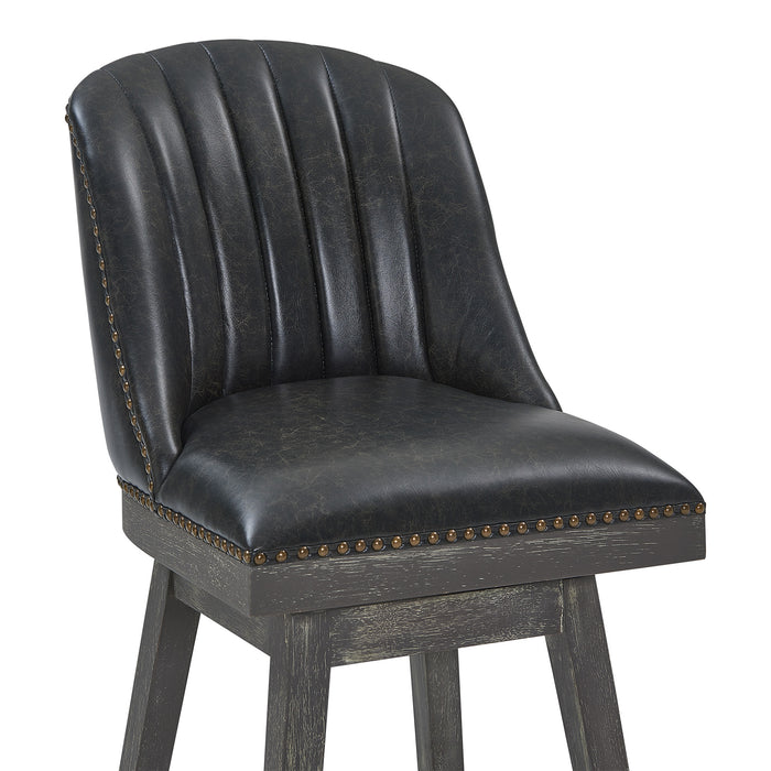 31" Onyx And Gray Faux Leather And Solid Wood Swivel Bar Height Bar Chair