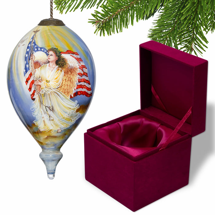 American Flag Angel Hand Painted Mouth Blown Glass Ornament