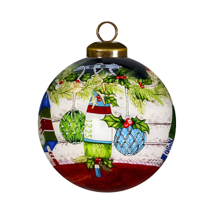 Holly Seas And Greetings Hand Painted Mouth Blown Glass Ornament