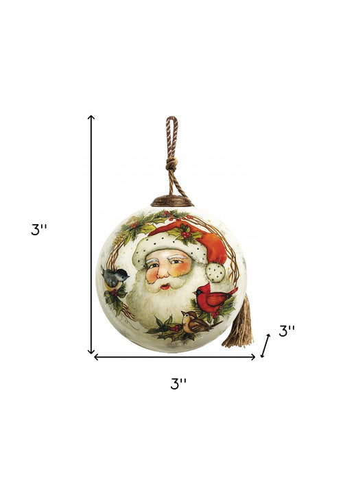 Winter Wreath Forest Santa Hand Painted Mouth Blown Glass Ornament