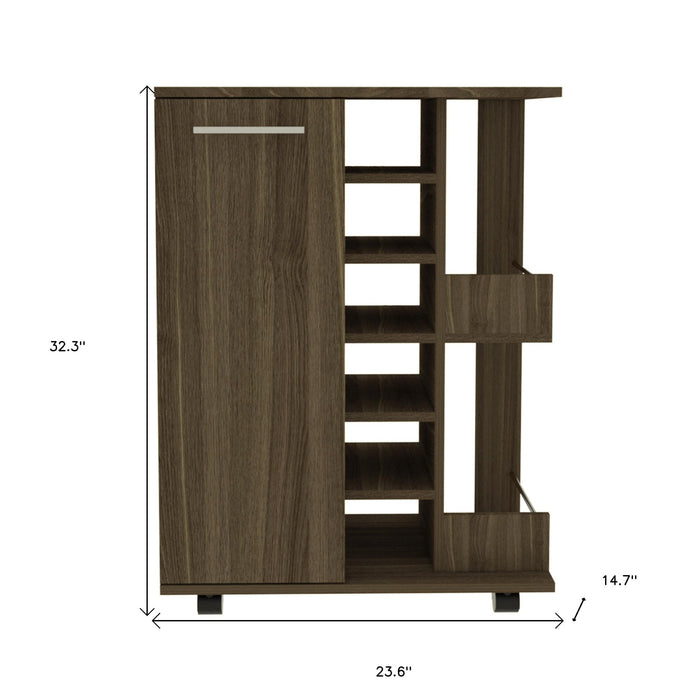 Brown Rolling Bar Cart With Wine Storage