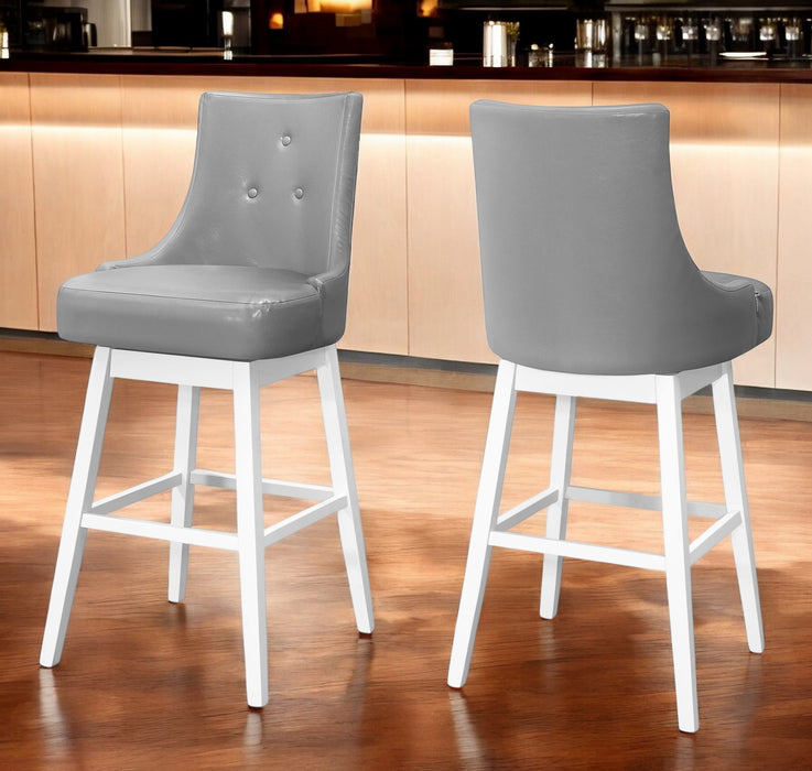 Set of Two 29 " Gray And White Faux Leather And Solid Wood Swivel Bar Height Bar Chairs