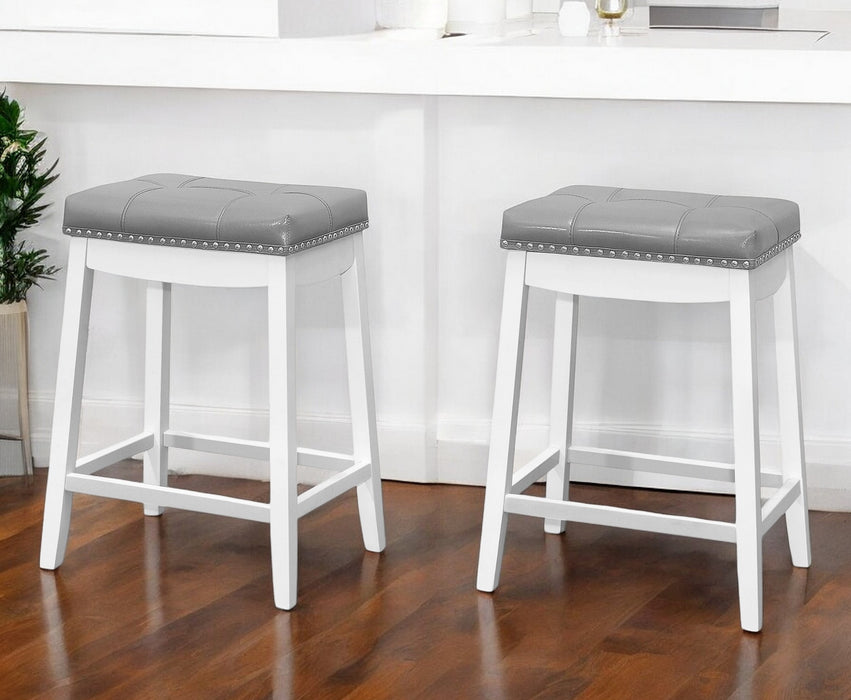 Set of Two 25 " Gray And White Faux Leather And Solid Wood Backless Counter Height Bar Chairs