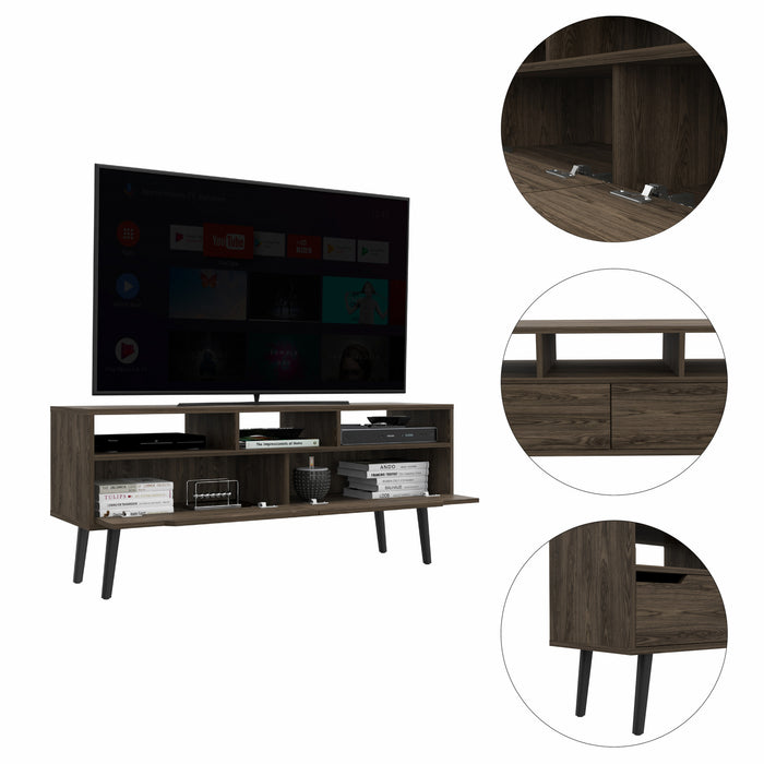 54" Dark Brown Walnut Enclosed and Open Storage TV Stand