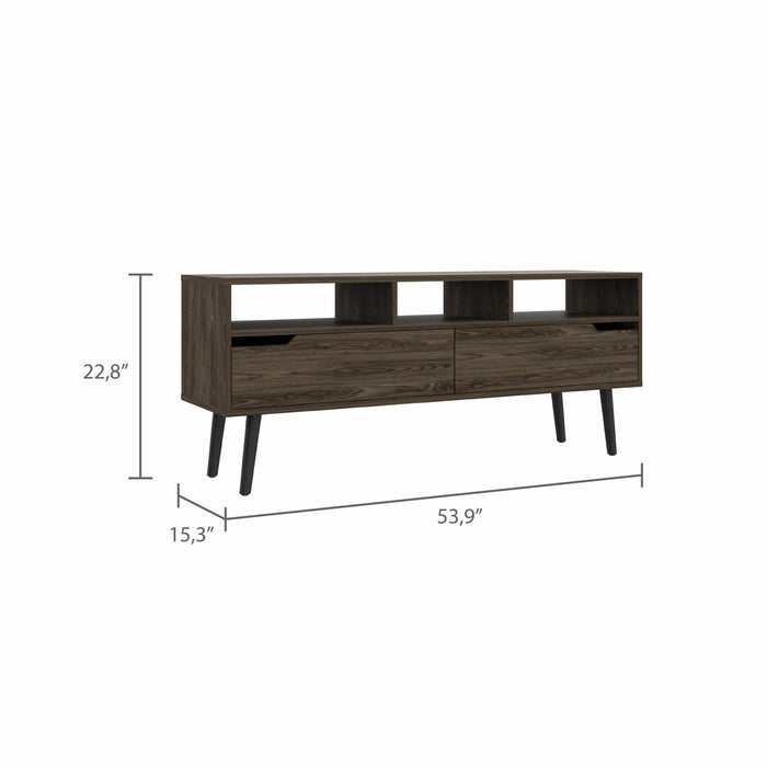 54" Dark Brown Walnut Enclosed and Open Storage TV Stand