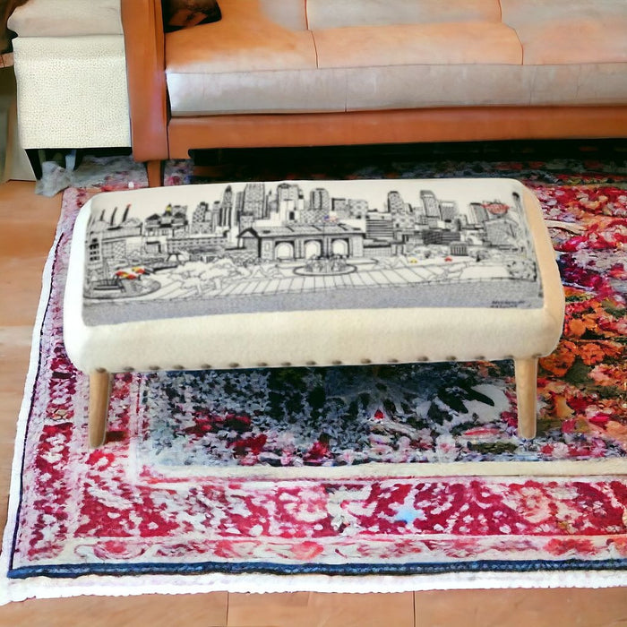 38" Cream Wool And Brown Ottoman