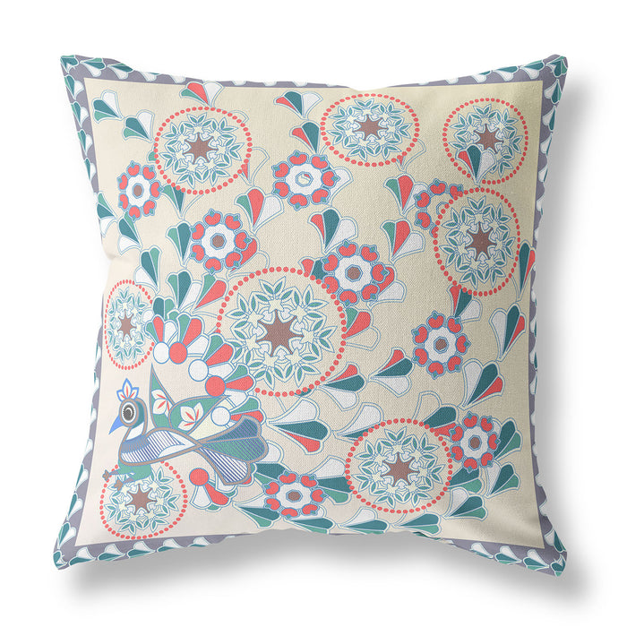 16" x 16" Off White Peacock Blown Seam Floral Indoor Outdoor Throw Pillow