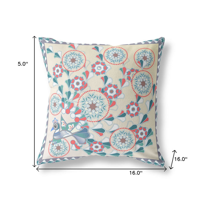 16" x 16" Off White Peacock Blown Seam Floral Indoor Outdoor Throw Pillow