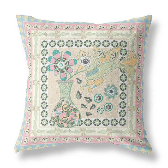 16" x 16" Blue and Beige Peacock Blown Seam Floral Indoor Outdoor Throw Pillow