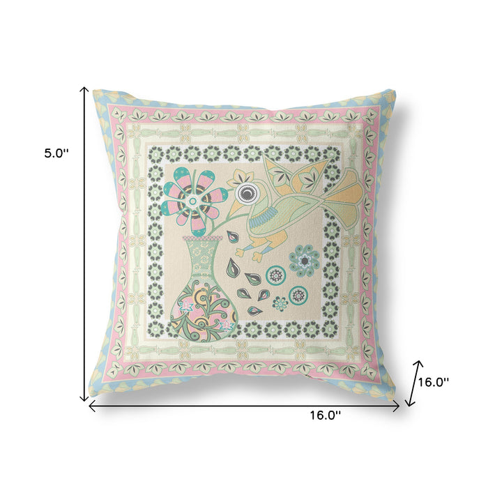 16" x 16" Blue and Beige Peacock Blown Seam Floral Indoor Outdoor Throw Pillow