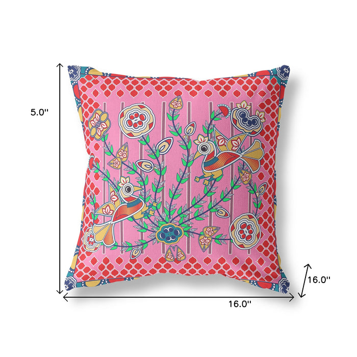 16" x 16" Pink Peacock Blown Seam Floral Indoor Outdoor Throw Pillow