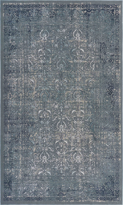 10' X 13' Blue Silver Gray And Cream Damask Distressed Stain Resistant Area Rug