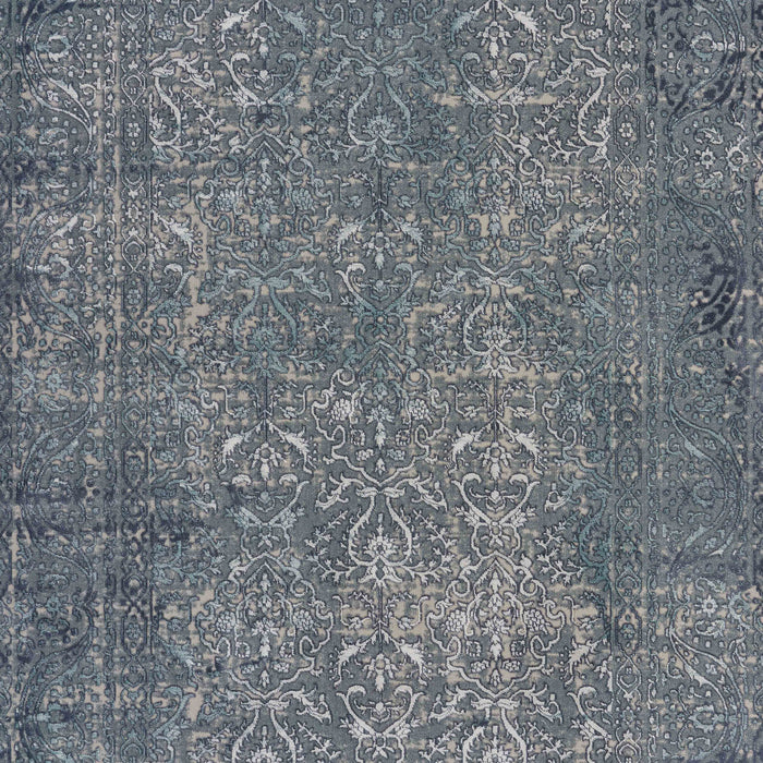 10' X 13' Blue Silver Gray And Cream Damask Distressed Stain Resistant Area Rug