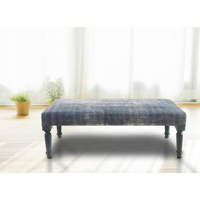 47" Blue And Cream Abstract Design Blue Leg Upholstered Bench