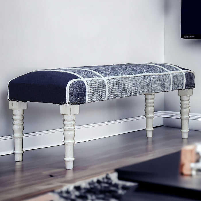 47" Blue And Gray Textural White Leg Upholstered Bench