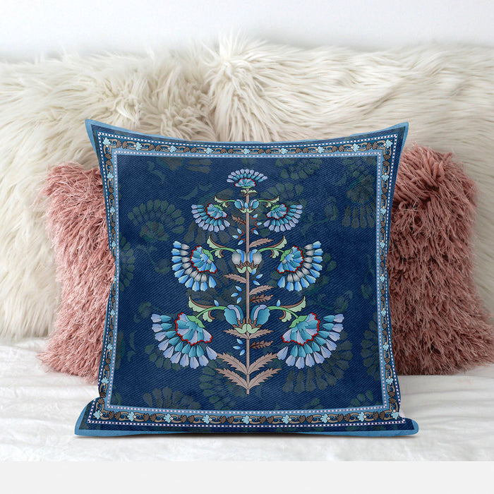 16x16 Blue Brown Blown Seam Broadcloth Floral Throw Pillow