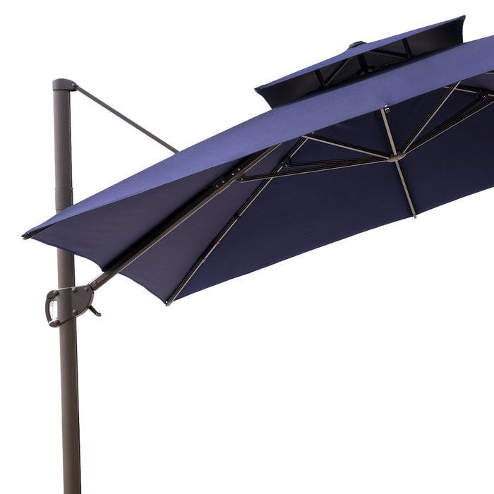 11' Navy Blue Polyester Round Tilt Cantilever Patio Umbrella With Stand