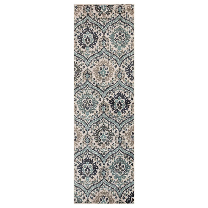 10' Ivory Blue and Gray Medallion Runner Rug