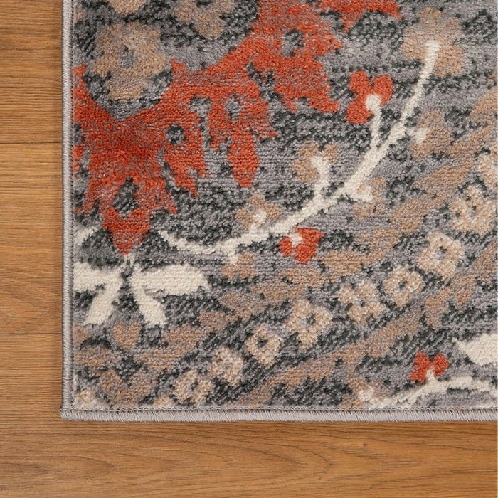 10' Rust And Gray Floral Stain Resistant Runner Rug