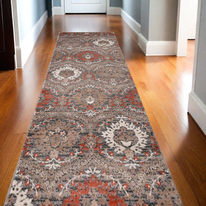 10' Rust And Gray Floral Stain Resistant Runner Rug