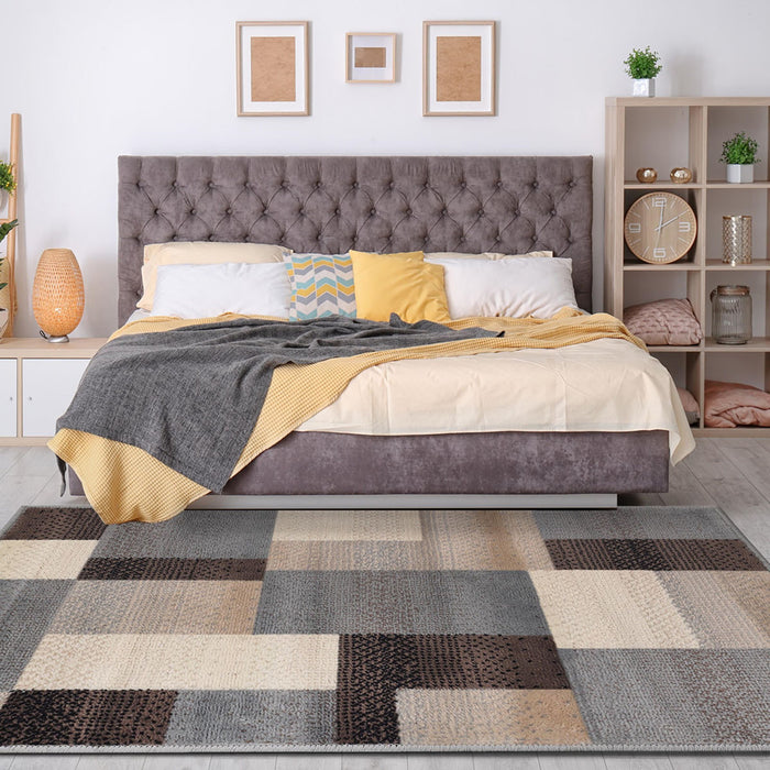 5' X 8' Grey-Brown Patchwork Power Loom Stain Resistant Area Rug