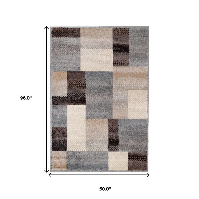 5' X 8' Grey-Brown Patchwork Power Loom Stain Resistant Area Rug