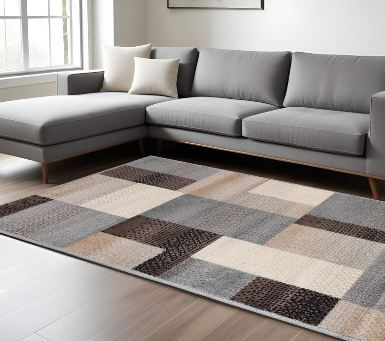 7' X 9' Grey-Brown Patchwork Power Loom Stain Resistant Area Rug