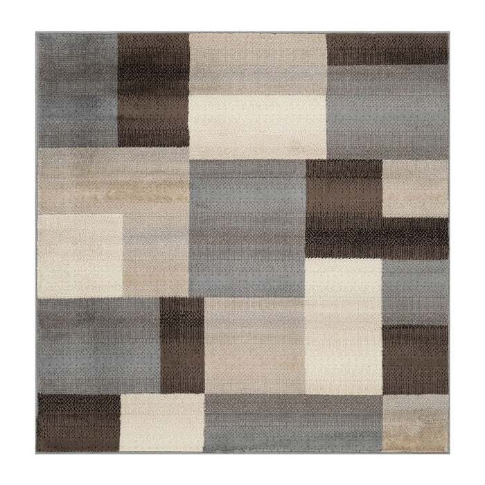 8' Square Grey-Brown Square Patchwork Power Loom Stain Resistant Area Rug