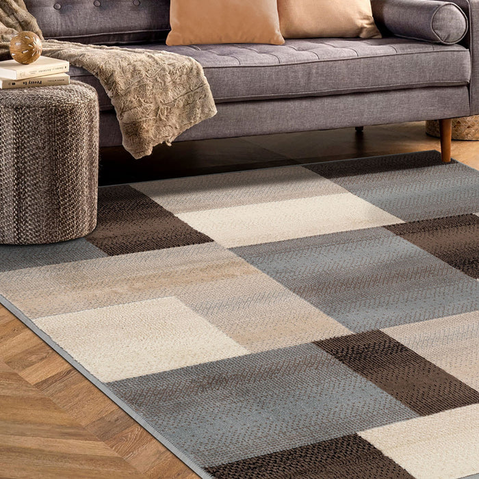 8' Square Grey-Brown Square Patchwork Power Loom Stain Resistant Area Rug