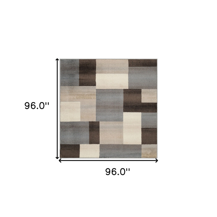 8' Square Grey-Brown Square Patchwork Power Loom Stain Resistant Area Rug